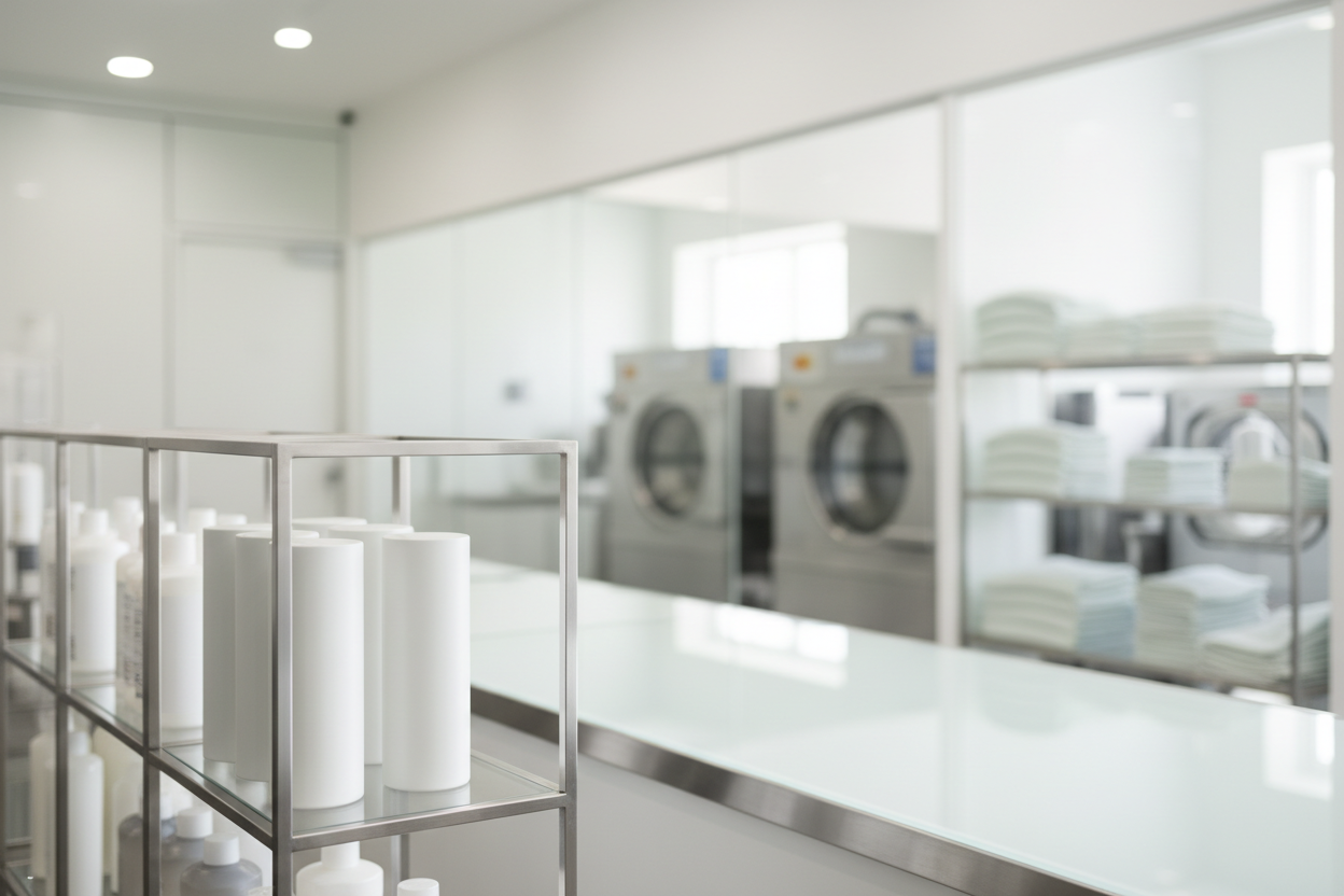 Erstelle ein sehr dezentes, professionelles Hintergrundbild für eine Schweizer Reinigungsmarke namens Cleanora.

Stil: minimalistisch, modern, ruhig, hochwertig
Ziel: Vertrauen, System, Sauberkeit, Kontrolle

Motiv:
– unscharfe industrielle oder professionelle Umgebung (z. B. Lagerregale, Arbeitsfläche, Reinigungsbereich)
– keine Personen im Fokus, keine Gesichter
– keine Illustrationen, nur realistisches Foto

Farben:
– sehr helle, neutrale Töne
– Weiß, Hellgrau, sehr helles Grün
– keine kräftigen oder dom