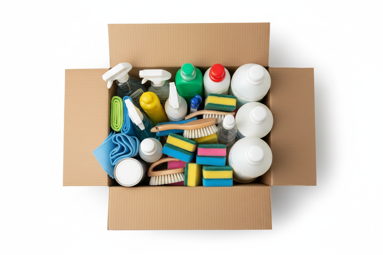  mache eine Bild Mit einer Karton box die Viele Reiniungsartikel beinhaltet UDN WEISSEN hintergrund und das man von Oben schaiut