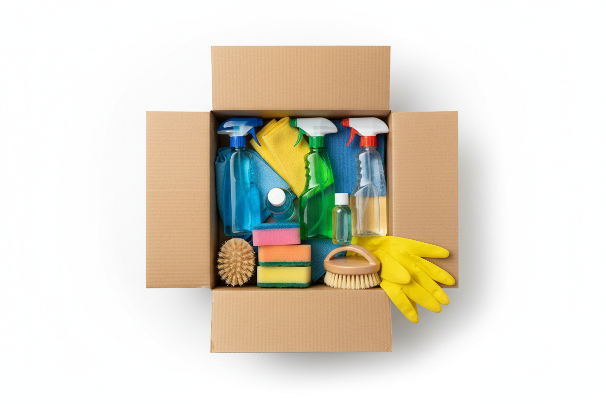 mache einen weissen Hintergrund und einparr reinigungsartikel mehr in die Box