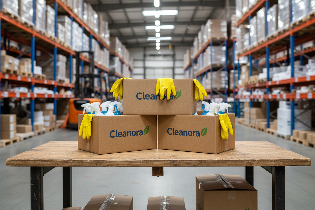 mache es so das es auf einem Tisch ist mit dem Hintergrund von einem Lager 